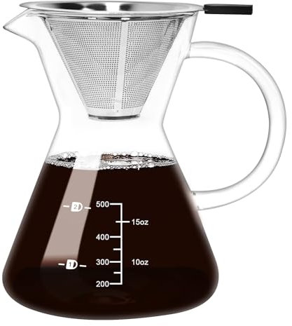 500ML(16.9oz) Glass Pour Over Coffee Maker with Double Stainless Filte - 4 Cup (Approx Refers to 4 oz. Per Cup) Thickened Heat-Resistant Paperless Pour Over Coffee Dripper Perfect Extraction for Home