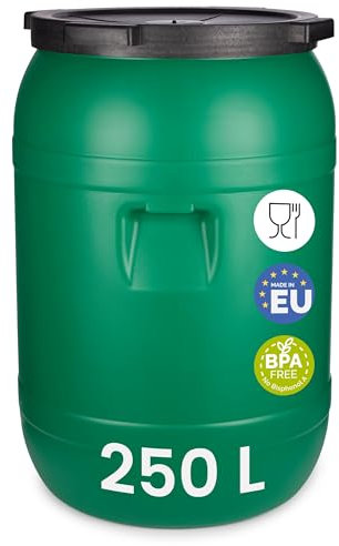 Garronda Serbatoio Acqua in plastica HDPE da 250 Litri a Bocca Larga con Coperchio, Realizzato in Materiale Privo di BPA, cisterna plastica Universale, tanica per Il Giardino GD-0078, Verde