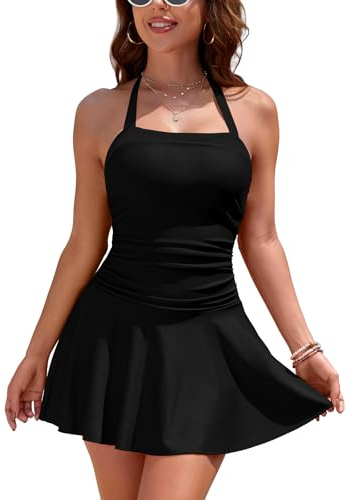 SHEKINI Maillot de Bain Une Pièce pour Femme sans Bretelles Dos Nu avec Contrôle du Ventre et Jupe（L，Noir HS）