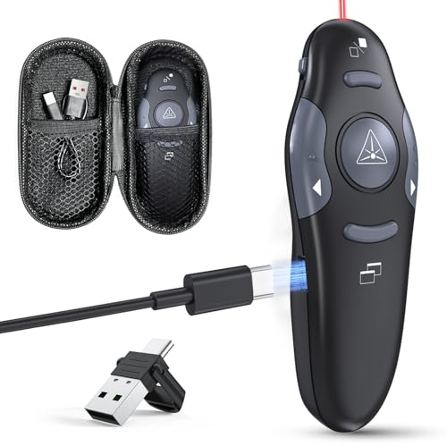 Presentation Clicker with Case Storage: PowerPoint Wireless Presenter Remote USB Type C Rechargeable Red Laser Pointer Clickers for Computer Project Mac PPT Slideshow Google Slide Advancer