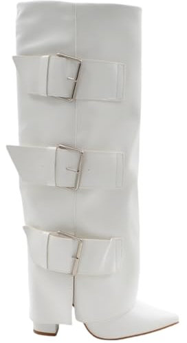 Stivali Donna Bianco a Punta al Ginocchio con para Risvolto Modello Shark Tacco 12 cm e con Fibbie Argento Moda (38 EU)