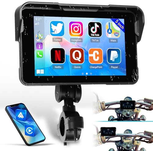 Bärbar Carplay-skärm för motorcykel, Carplay Wireless och Android Auto för motorcyklar, 5 tum IP68 vattentät pekskärm för motorcykel, GPS-stöd, spegellänk, Bluetooth, TF-port
