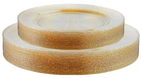 MATANA 50 Elegant Clear Hard Plastic Dessert Plates with Gold Glitter - 19cm & 26cm, 25 of Each - Sturdy & Reusable - Weddings, Birthdays, Baby Shower, Christmas, BBQs, Parties
