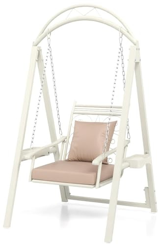 GOPLUS Columpio de Jardín para 1 Persona, Balancín Individual de Exterior con Mesitas Laterales y Techo Arquedado, Cojines Suaves, Altura Ajustable, Silla Colgante de Metal con Soporte (Blanco)