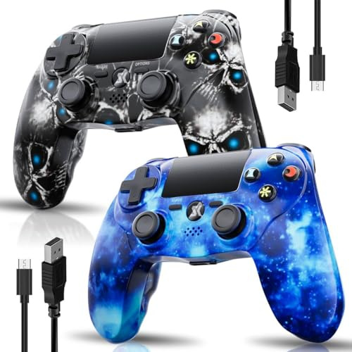 CHENGDAO 2er-Pack Kabelloser Controller für PS4/Pro/Slim, Galaxie Design | Doppelte Vibration/6-Achsen/3,5-mm-Audio-Buchse/empfindlichem Touchpad(Blau & Schädel)