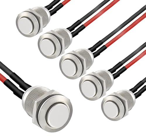6 Stück Taster 12V,Druckschalter,Wasserdichte Drucktaster,12mm Momentanen Edelstahl Druckschalter,Runde Button EIN/AUS,Taster Schalter 2A/12V/24V/125V/250V mit Draht für Hupen,Klingel,Auto (Hoherkopf)