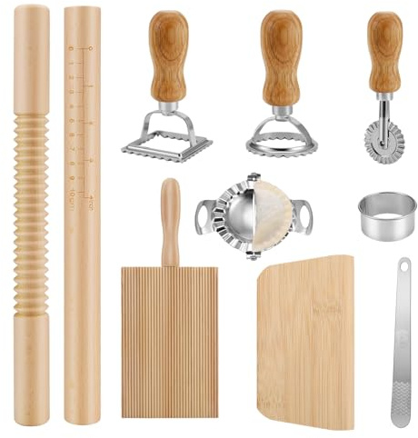 Juwacoo 10 Pcs Pasta Making Tools Set with Wooden Rolling Pins, Ravioli Cutters, Dough, Pasta Cutter Wheel,Gnocchi Board, Pasta Roller, Rack Pasta Maker Mold Kit