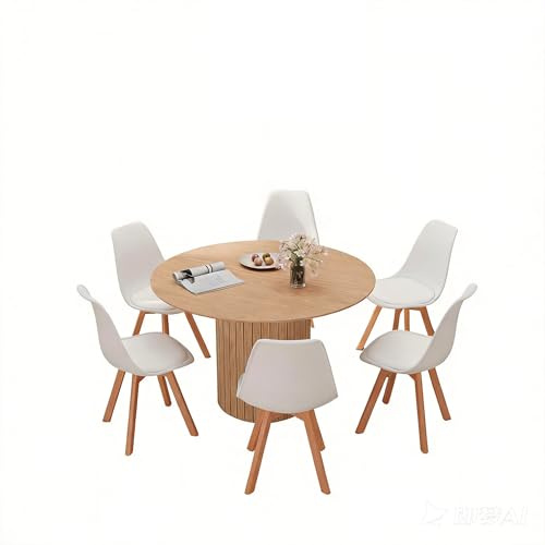 HJhomeheart 120 cm runder Esstisch mit 6 Esszimmerstühlen, runder Küchentisch mit Holzfuß, MDF-Platte, Küchenstühle mit Kunststofflehne, für 4–6 Personen, Hellbraun + Weiß
