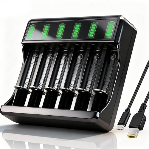 PFSN 6 Slot AA AAA Battery Charger - Fast Charging for Rechargeable Ni-Mh Batteries, 5V/2A Input, Individual Charging Slots with Overcharge Protection, Universal for AA AAA Rechargeable Batteries