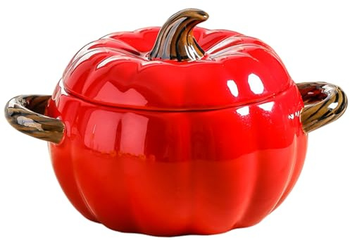 Bols à soupe, bol à citrouille avec couvercle, joli bol en céramique de citrouille de 400 ml avec double poignée, ustensile décoratif facile nettoyer pour Halloween Thanksgiving, rouge, service