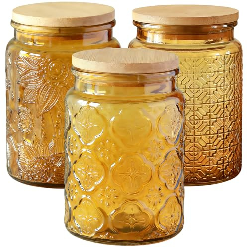Tel Charme * 3-Pack 700ml Glass Jars with Bamboo Lids, Airtight Vintage Glass Storage Canisters for Kitchen Pantry Coffee Sugar Tea Flour Snacks (Yellow)