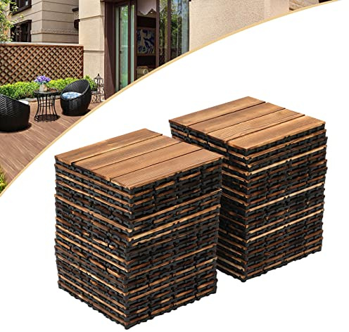 Lot de 36 dalles en bois - 30 x 30 cm - Pour terrasse et balcon - À emboîter - Avec système de clic - Résistant aux intempéries - Antidérapant - Pour balcon, terrasse, jardin