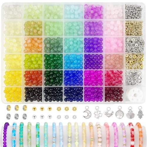 Redamancy 1435pcs 36 Farben Glasperlen Set 6mm Perlen zum Auffädeln für DIY Schmuckherstellung Freundschaft Armbänder Basteln Geschenk für Erwachsene Kinder Mädchen Geburtstag Weihnachten