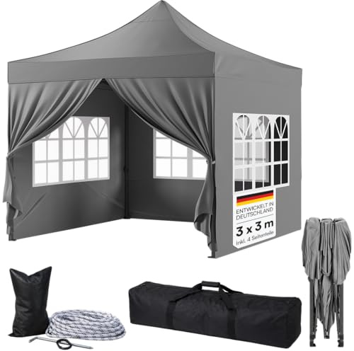 STEELSØN Rynara Faltpavillon 3x3 m, 4 Seitenteile, Grau, wasserdicht | Gartenpavillon, Pop Up Pavillon, 3-fach höhenverstellbar, UV-beständig, winterfest, stabil, mit Tragetasche, Outdoor & Garten