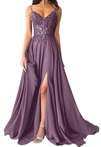 shownicer Robe De Soiree Femme Chic et Elegant Robe Mariage Invitée Bal Robes Dentelles Florales en Mousseline De Soie Bretelles Fente