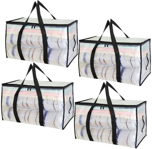 Lot de 4 Grand Sac Rangement Vetement 95L Imperméable Sac Demenagement | Pliable avec Couvercle Fermetures Éclair, Alternatives Aux Cartons de Déménagement, pour Camping Linge de Lit Vêtements