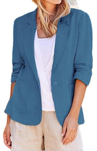 Generisk sommarkavaj, lätt kort businessblazer, linneblazer, dam, överdimensionerad med fickor, kavaj, elegant damblazer, sportig kostymjacka, knappslå sweatblazer, kontorskostymer, ledig linnejacka