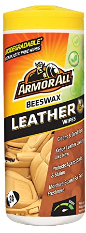 Armor All, 24 Beeswax Leather Wipes, Keeps Leather Looking New and Protects Against Stains, Biodegradable Plastic-Free Wipes, Freshness Lock, Ideal for Car & Motorcycle Detailing, Made in UK
