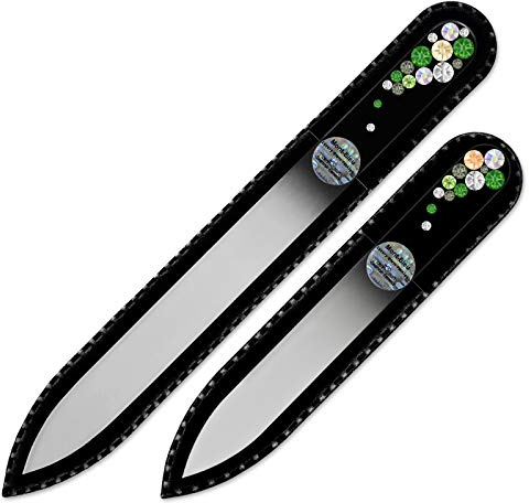 Mont Bleu Lot de 2 limes à ongles en verre, décorée à la main d’éléments Swarovski, pochette en velours noir | Véritable verre trempé tchèque, garantie à vie, Lime à ongles fait main en cristal