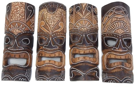 Interlifestyle 4 Tiki Masken 30cm im Hawaii Style 4er Set Holzmaske Wandmaske Wandmasken Osterinsel Südsee Karibik