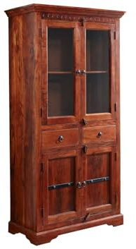 MASSIVMOEBEL24.DE | Oxford Vitrine #1011 Akazie, Farbe:Dunkelbraun lackiert, Größe:90x44x180 cm (BxTxH)