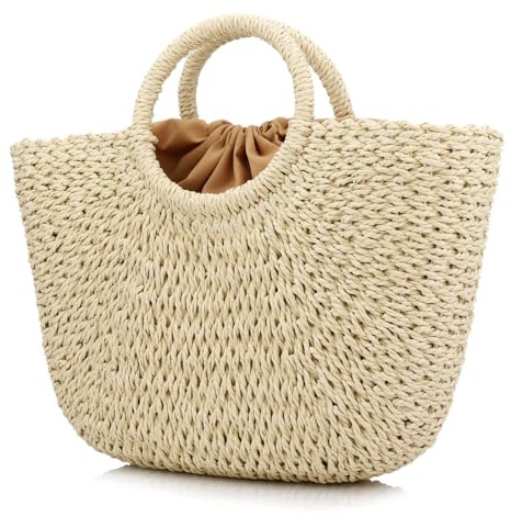 Large Tote Bag Straw Bag Woven Stripes Retro Summer Beach Bag Straw Bags for Women Hand-woven Round Handle (Beige)