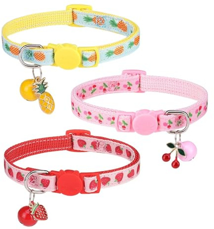 BINGPET Breakaway Cat Collar with Bell, 3 Pack Cat Collars for Girl Cats, Cute Kitty Collars Accessories with Pineapple & Cherry & Strawberry