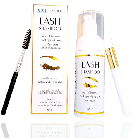 XXL Lashes - Shampooing pour extensions de cils, mousse nettoyante micellaire, avec embout moussant, soin des cils, y compris pinceau pour shampooing pour cils, pour maquillage et paupières-50 ml