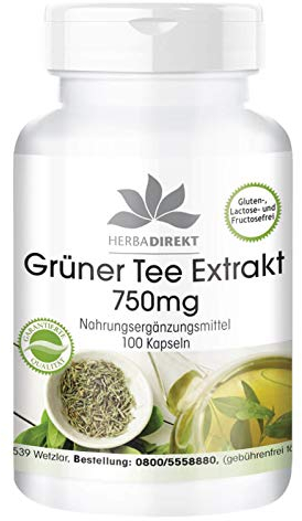 Grüner Tee Extrakt 750mg Kapseln - 100 Kapseln - Polyphenole - Catechine - EGCG - Koffein - hochdosiert - vegan | HERBADIREKT by Warnke Vitalstoffe - Deutsche Apothekenqualität