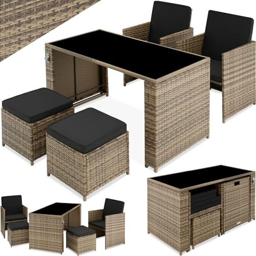 tectake® Sittgrupp, Rottingmöbler för 2-4 Personer, Loungeset i Konstrotting, Två Fåtöljer med Fällbara Ryggstöd, Två Pallar, Bord med Glasskiva, Utemöbler med Bekväm Klädsel - Natur