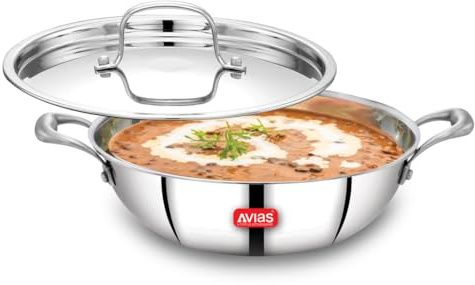AVIAS Riara Triply Kadhai with Lid, Stainless Steel Kadai, 3 Layer Induction Base Kitchen Essentials Kadhai, Steel Cool Touch Handles, 2.5 Mm Thickness - 2.5 Liter (24cm)