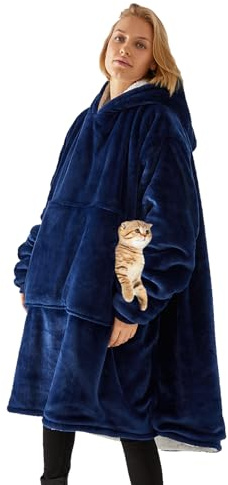 SHUOJIA Couverture Sweat à Capuche Femme Homme Chaud Doux Pull En Polaire Avec Poche Frontale Unisexe Robe De Couverture Flanelle (Dark blue)