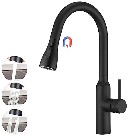 CREA Rubinetto per Lavello da Cucina con 3 Modalità estraibile, Miscelatore Monocomando Rubinetto da Lavello Cucina ad alta pressione in Acciaio inossidabile, Nero