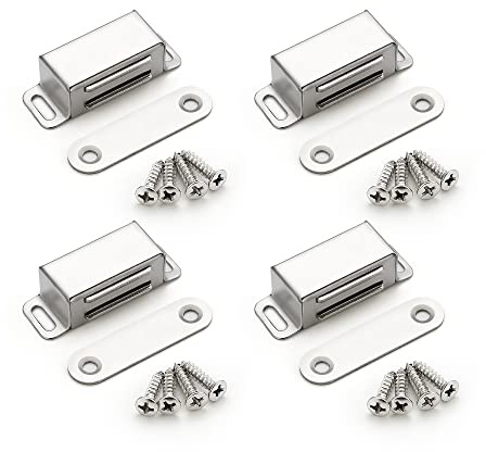 Ravinte 4 Pack Silver Magnetic Door Catch, Brushed Satin Nickel Cabinet Magnets, Strong Magnetic Catch Latch for Kitchen Cabinets, Drawers & Cupboards, Stainless Steel Closures