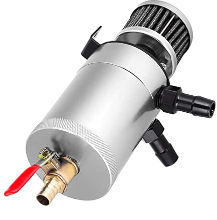 Universal Baffled Oil Catch Can with Breather Filter and Drain Valve 2 Ports (oulet + inlet),150ml Billet Aluminum Oil Separator Catch Can Oil Reservoir Tank,4 Adapters/Screws/Washers Included,Silver