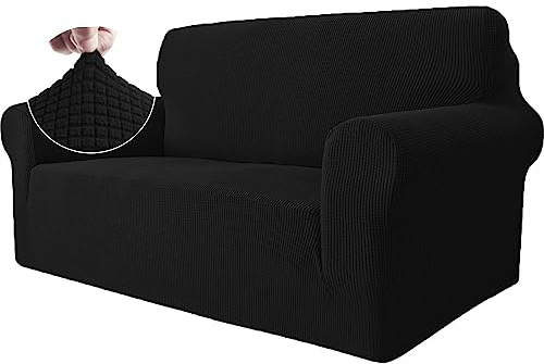 Ystyle Stretch Sofa Überzug 2 Sitzer, Schwarz | Elastisch Sofabezug mit Armlehnen, Jacquard Couch Überzug Rutschfest, Waschbar Sofa Cover Protector für Hunde Haustiere