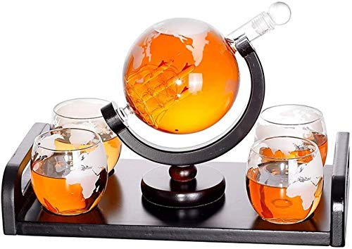 Portabottiglie Whisky Decanter Whisky Caraffa 1000 ml Globo soffiato a bocca e 4 bicchieri Set da 300 ml Glass World Decanter Gin Sloe Bottiglia di vetro Liquore Grappa Vino Decanter
