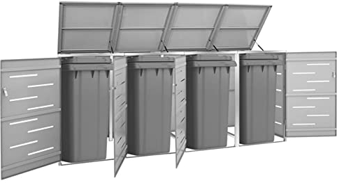 Festnight Mülltonnenbox 4 Tonnen Mülltonnenbox Metall Mülltonnenbox 4er Mülltonnenverkleidung Mülltonnen Unterstand Mülltonnenabdeckung mit 4 Klappdeckeln abschließbar Grau 276,5x77,5x115,5 cm