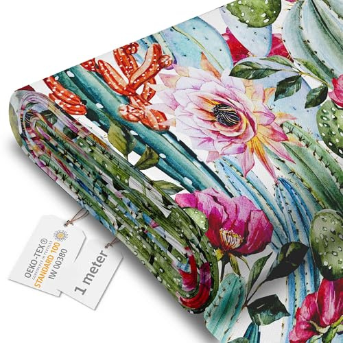 DreamRoots Markisenstoff Meterware, Flowers and Cactus, 1 m | Oxford Segeltuch, wasserdicht, Polsterstoff, 220 g/m² 600D, 160 cm breit, wasserabweisend, für außen & Deko