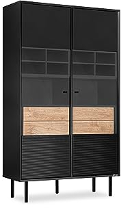 Konsimo Lofty Vitrinenschrank mit Regalen und Türenn 101,5x41x174cm - Glasvitrine für Wohnzimmer oder Schlafzimmer - Wohnzimmerschrank aus Holz mit Rillen - Vitrine Schwarz - Version 5