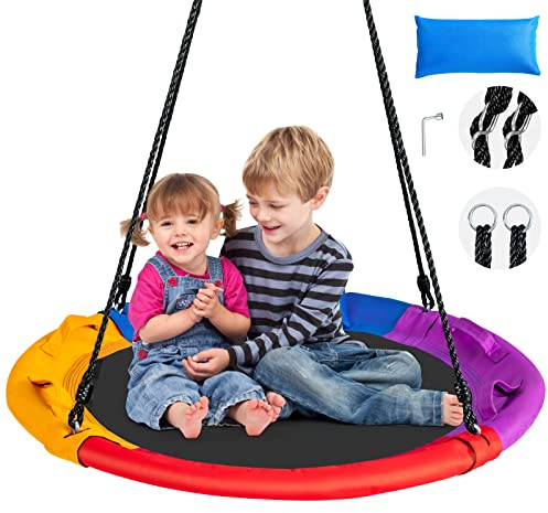 KOMFOTTEU Balançoire Nid d'Oiseau, réglable en Hauteur (100-180 cm), Balançoire d’Extérieur pour Enfant, Charge de 150 kg, Balançoire Suspendue Ronde avec Coussin, Diamètre de 100 cm