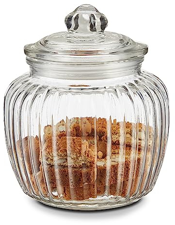 KHG Bonbonglas 18 cm Höhe, Kapazität 1 Liter, mit Deckel, Candy Bar Glas luftdicht, Vorratsglas Süßigkeiten, Bonbons & Cookies, Küchenglas geriffelt mit Knopfgriff
