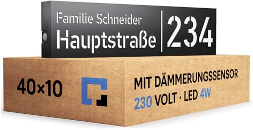 PRINTIMA Premium Gravur Personalisierter Hausnummer Anthrazit Beleuchtet Led Strom 230V, Hausnummernschild mit Dämmerungssensor, ist Langlebig, Wetterfest, Geringer Stromverbrauch 6W / A++
