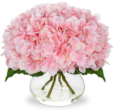 Oairse Flores artificiales con 4 hortensias en jarrón de cristal, flores artificiales de hortensia 3D de impresión con toque real, flores artificiales como hortensias reales para boda, hogar, hotel