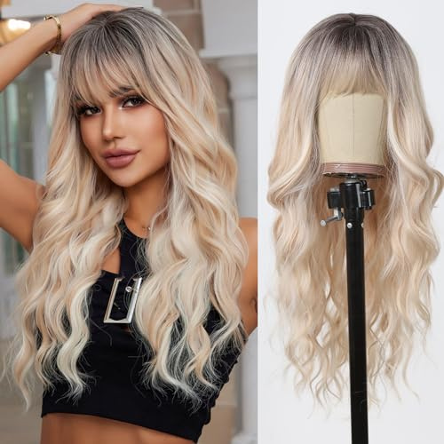 Allbell Blonde Perücke für Frauen, 24 Zoll lange lockige Perücke mit Vorhangpony für den täglichen Gebrauch