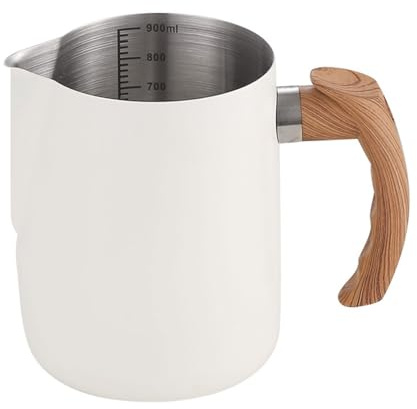 Lattiera Espresso Brocca Per Schiuma Di Latte In Acciaio Inox Da 20oz 30oz Strumenti Per Baristi, Bricco Per Latte Per Latte Art,Brocca Di Misurazione In Metallo,Manico In Legno ( Color : White , Size
