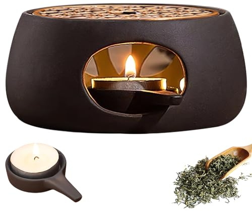 Nizirioo Calentador de tetera de cerámica, calentador de tetera con portavelas, soporte para velas retro tallado, calentador de té para el hogar, café, leche de té