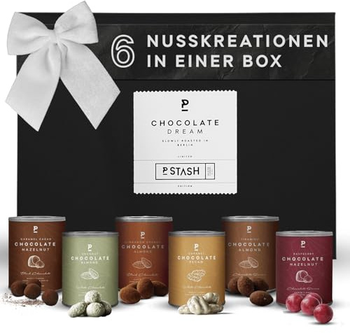 P-Stash Black Box Nussmischung - 6er Box Nüsse Mix - Pekannüsse, Haselnüsse & Mandeln - Mixed Nuts in Schokolade mit einzigartigen Gewürzen, handgeröstet in Berlin (6er Box, Chocolate Dream)