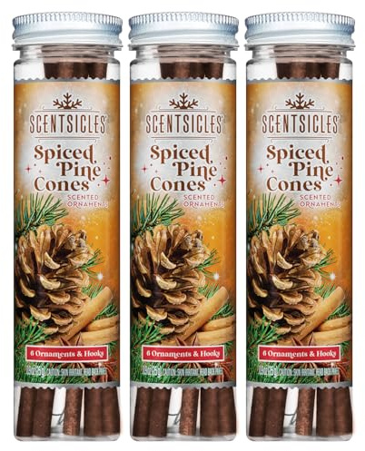 Scentsicles Spiced Pine Cones Scented Christmas Ornaments with Hooks - 3 Bottles (18 Sticks Total)