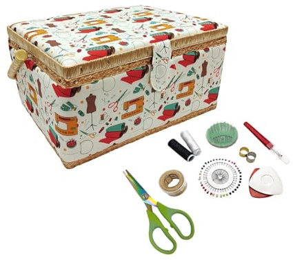 Costurero Pequeño de Madera con Accesorios, Caja de Costura Forrada en Tela con 8 Compartimentos, Organizador con Alfiletero, Caja con Asa, Bandeja para Accesorios, (Pequeño, Máquina)